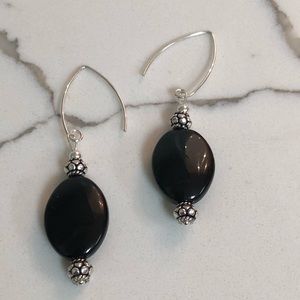 Black oval dangle bead earrings - sterling silver